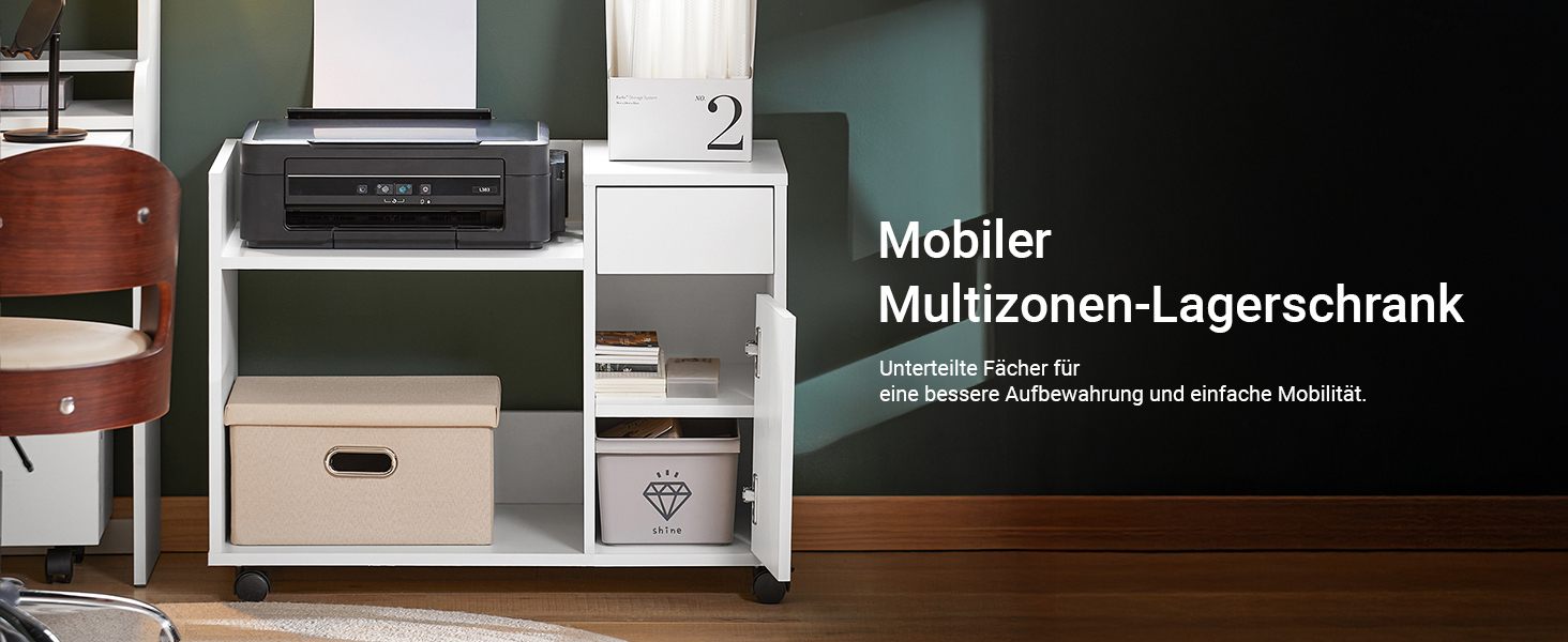 SoBuy Printer Stand with Storage Mobile Office Cabinet on Wheels File Cabinet with Drawer Door and Shelves Home Office Furniture White 72x40x54 cm ASK02-W