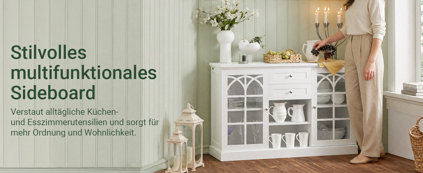 SoBuy FSB79-W, Sideboard with 2 Glass Doors and 2 Drawers, Kitchen Dining Room Living Room Storage Cabinet Cupboard Sideboard